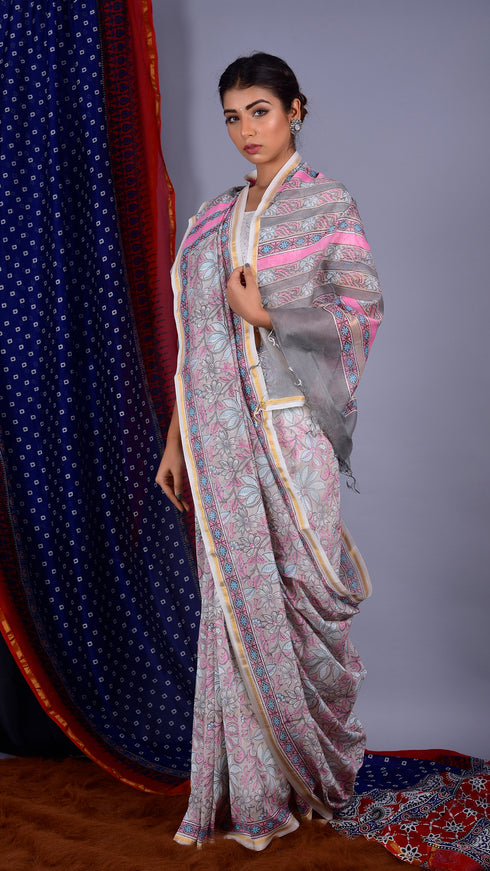 Floral Jaal Hand Block Print Chanderi Silk Saree (CHSAR02)